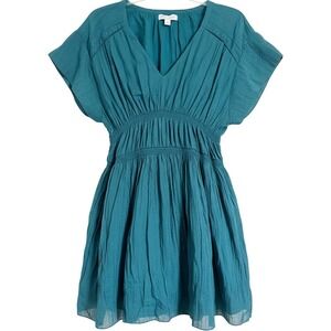 Red Carter Lais Ruffle Dress Peacock Teal Metallic Stripe Mini Small 18RF17